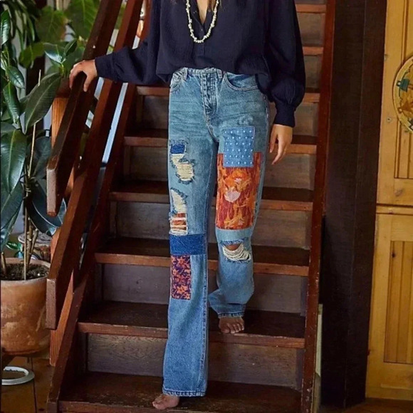 NWT Free People Belladonna Straight Leg Jeans High Rise Denim Patchwork 28 - Picture 2 of 16